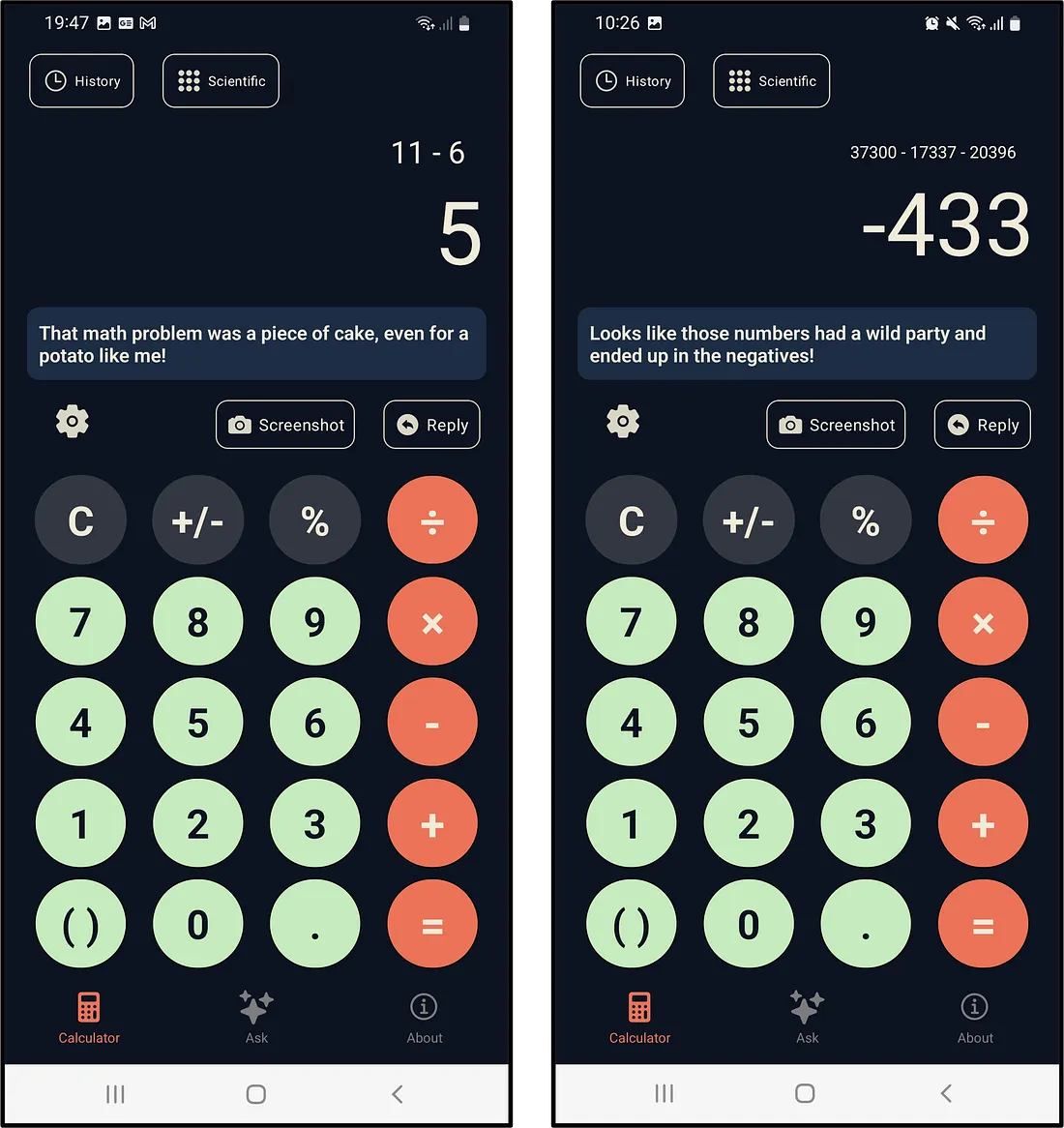 Calculator showing sarcastic replies with answers