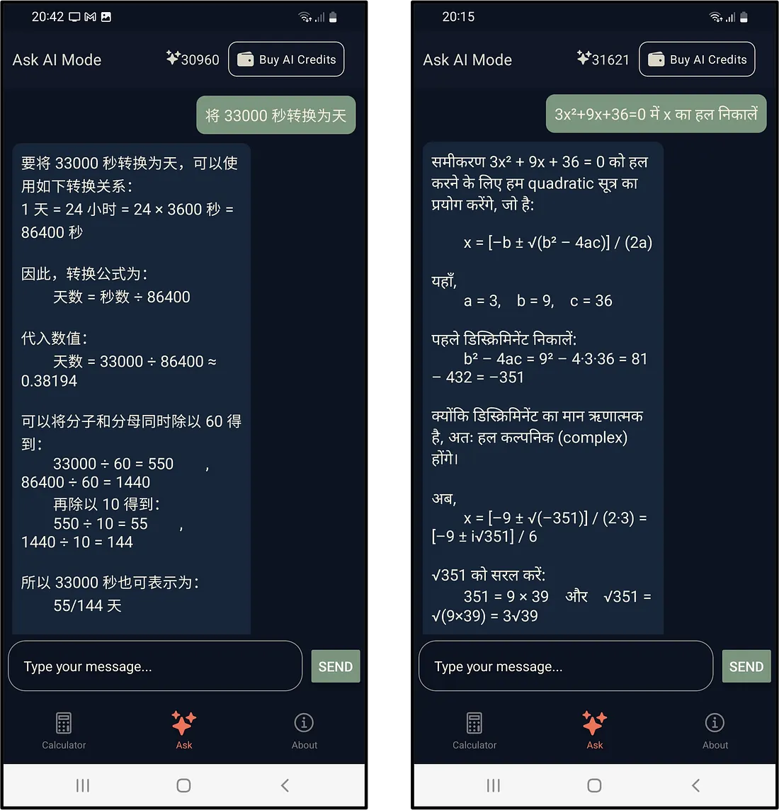 Ask AI mode: unit conversion in Chinese and solving equations in Hindi