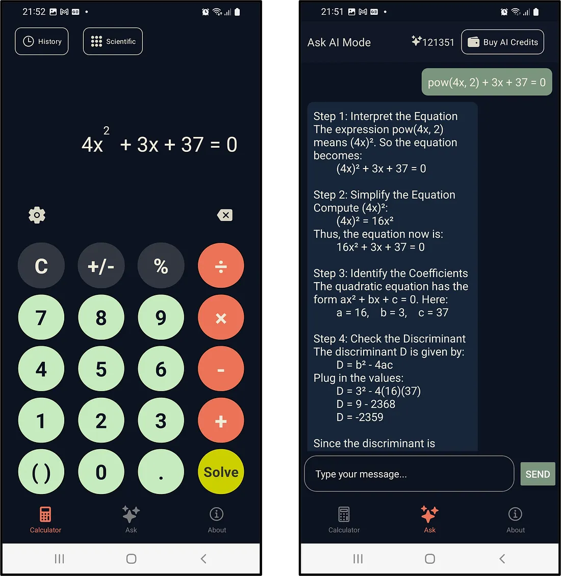 Calculator with equation and Solve button, and Ask AI step-by-step solution